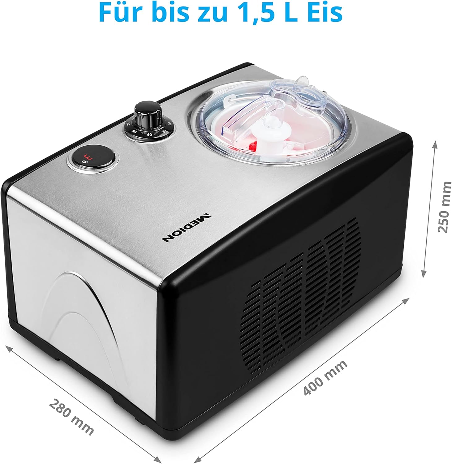MEDION Eismaschine mit Kompressor (selbstkühlend, geeignet für die Zubereitung von Eiscreme, Frozen Yoghurt & Sorbet, 1,5 Liter, 150 Watt, MD 18387)