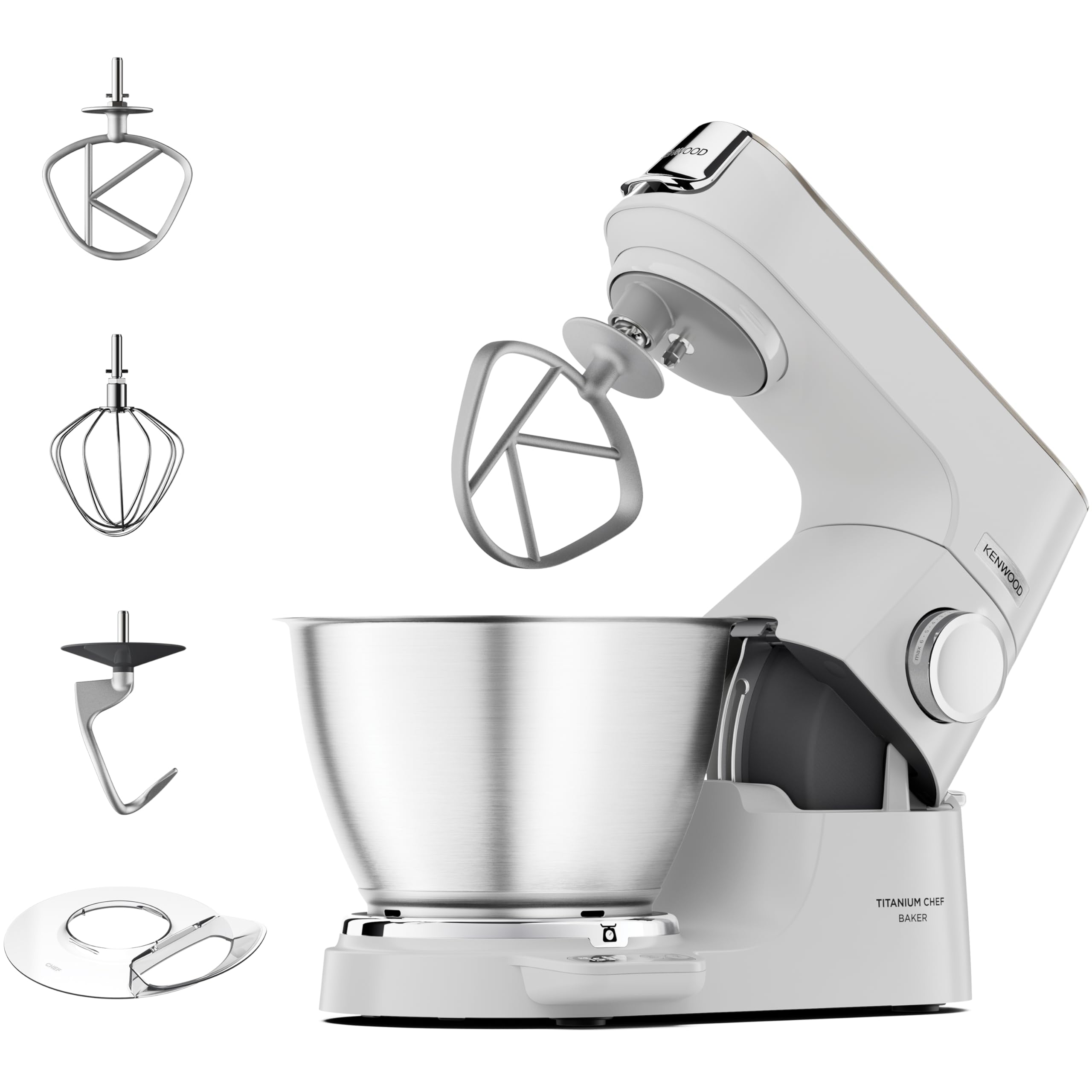 Kenwood Titanium Chef Baker KVC85.004SI Küchenmaschine mit integrierter Waage,inkl. 3-teiligem Patisserie-Set,5 L und 3,5 L ,stufenloser Geschwindigkeitsregler,1200 W,Silber,Stainless Steel