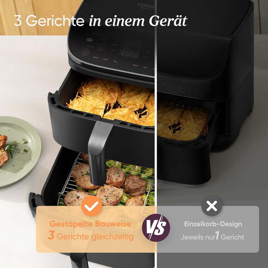 COSORI Airfryer, Heißluftfritteuse 2 Kammern, 10,8 L Heissluftfritteuse, Innovative Mehrfach-Luftgeschwindigkeit, Spart 41 Prozent Platz, Inklusive Rezeptbuch und Edelstahl-Rost, Silbergrau