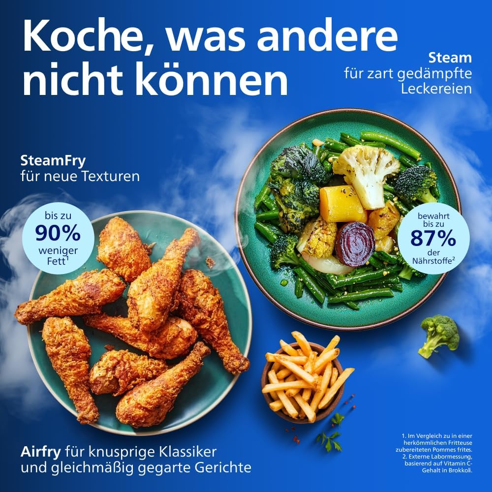 Philips Steam Airfryer 5000 Series Dual Basket Heißluftfritteuse mit Dampfgar-Funktion & 2 Körben – Steam, Airfry, SteamFry, 9L (3L+6L), RapidAir Plus, automatische Dampfreinigung (NA550/00)