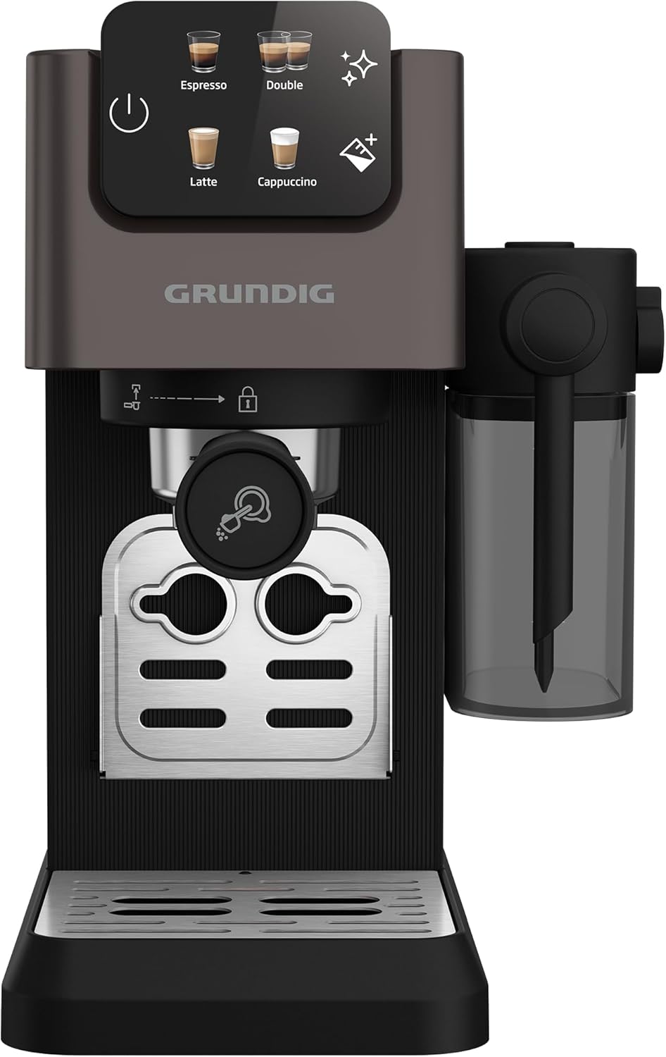 Grundig KSM 6430 Siebträgermaschine mit integriertem Milchbehälter, 1628 W Leistung, 20 bar Pumpendruck, Zweifachdüse, farbiges Touch-Display, BrewSense, CreamyPro, Dark Inox/Schwarz