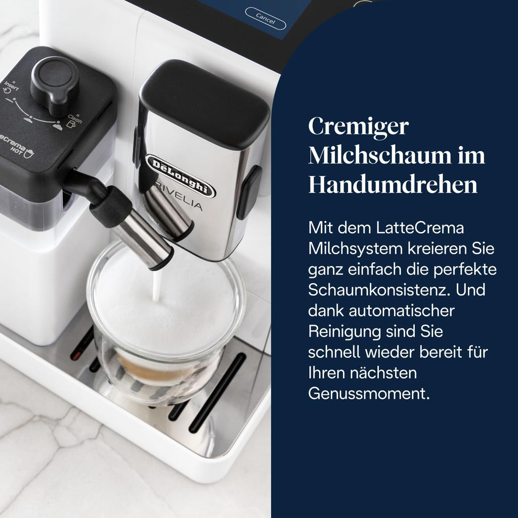 De'Longhi Rivelia EXAM440.55.W Kaffeevollautomat, perfekter Milchschaum, wechselbarer Bohnenbehälter, 16 Kaffee- & Milchgetränke auf Knopfdruck, Extra-Shot-Funktion, 3,5" Touch-Display, Weiß