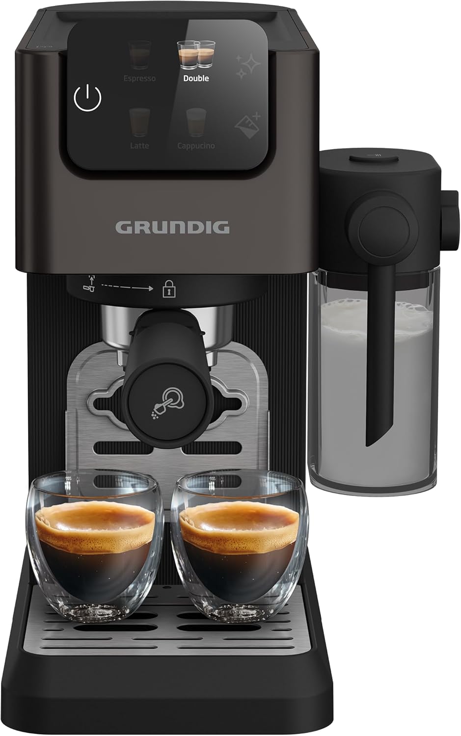 Grundig KSM 6430 Siebträgermaschine mit integriertem Milchbehälter, 1628 W Leistung, 20 bar Pumpendruck, Zweifachdüse, farbiges Touch-Display, BrewSense, CreamyPro, Dark Inox/Schwarz