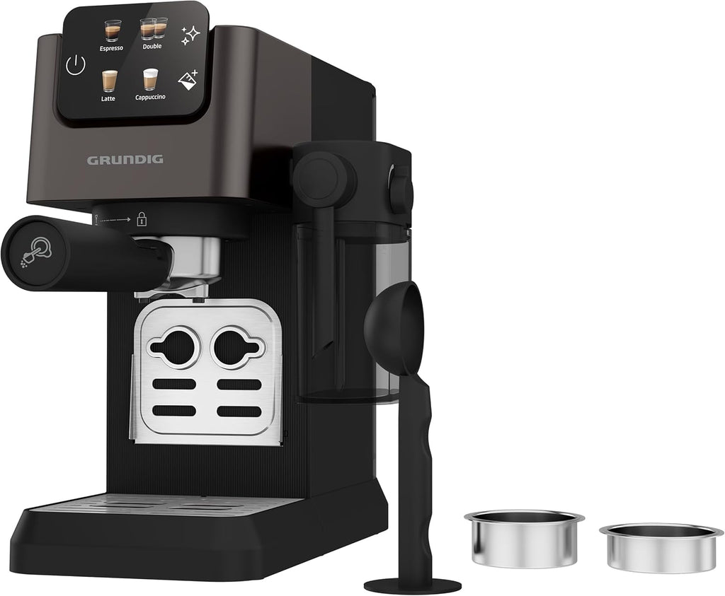 Grundig KSM 6430 Siebträgermaschine mit integriertem Milchbehälter, 1628 W Leistung, 20 bar Pumpendruck, Zweifachdüse, farbiges Touch-Display, BrewSense, CreamyPro, Dark Inox/Schwarz