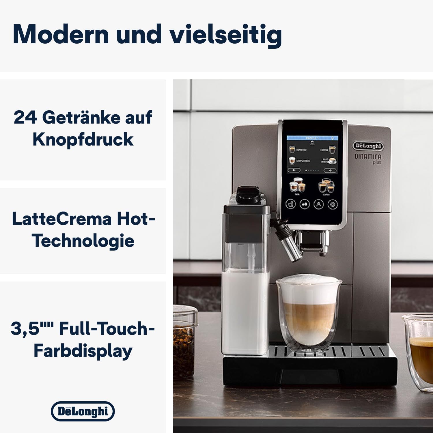 De'Longhi Dinamica Plus ECAM380.95.TB, Kaffeevollautomat mit LatteCrema Milchsystem, One-Touch-Cappuccino, mit 24 Rezepten, 3,5-Zoll TFT-Farbdisplay, 1450W, Titan/Schwarz