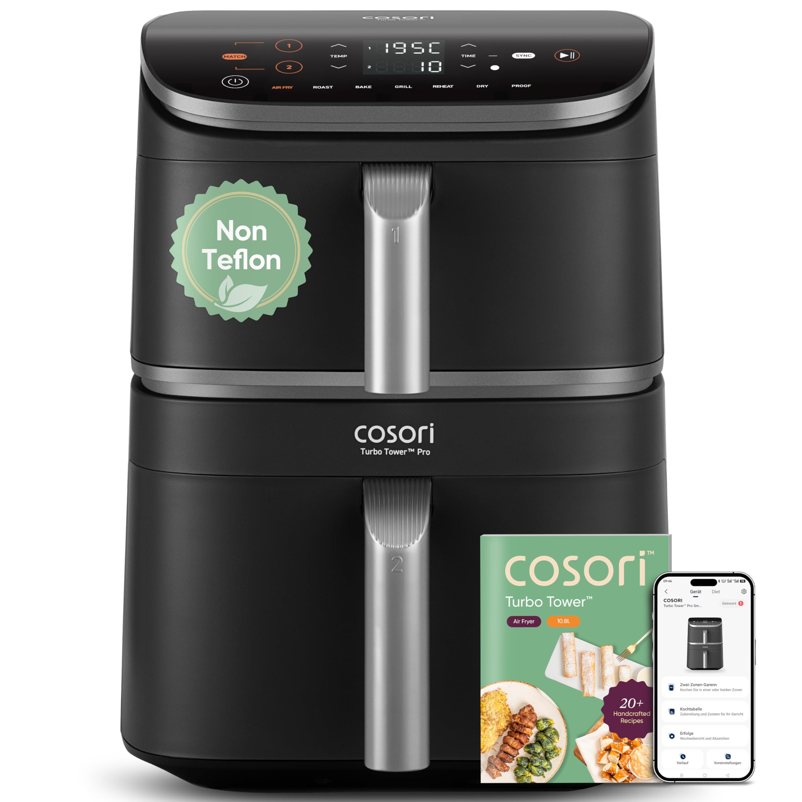 COSORI Airfryer | Turbo Tower Pro | DualBlaze-Technologie | Keramikbeschichtung Ohne PFAS | 2630W | 10,8L | Automatische Luftstrom-Regulierung | Silbergrau | DC112