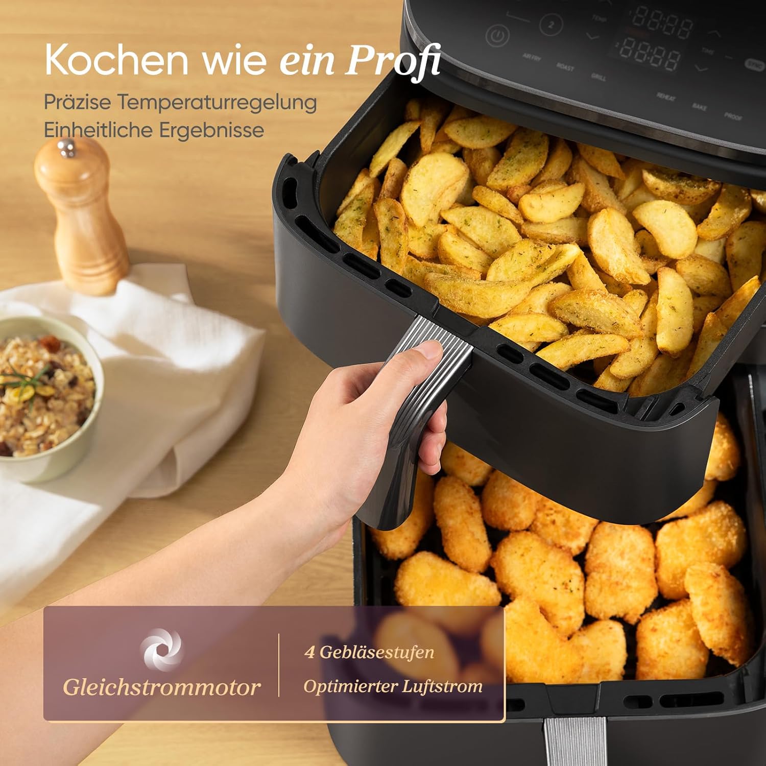 COSORI Airfryer, Heißluftfritteuse 2 Kammern, 10,8 L Heissluftfritteuse, Innovative Mehrfach-Luftgeschwindigkeit, Spart 41 Prozent Platz, Inklusive Rezeptbuch und Edelstahl-Rost, Silbergrau