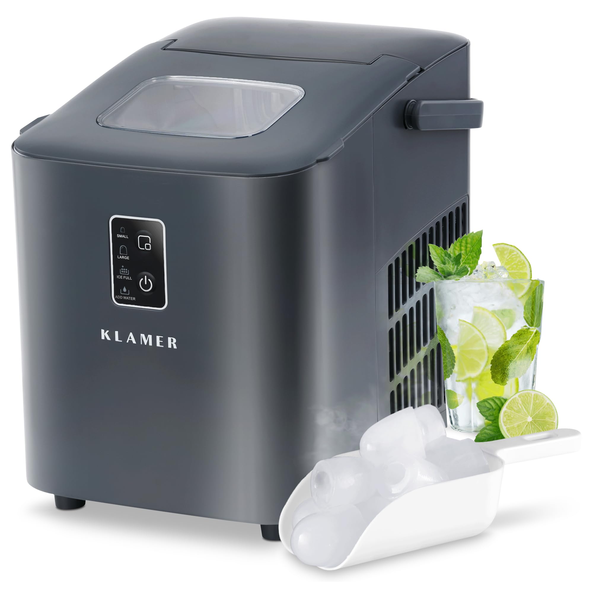 KLAMER Eiswürfelmaschine klein mit Eisschaufel & 2 Eiswürfelgrößen - 10 Eiswürfel in nur 7 Min, 15 kg Eiswürfel pro Tag - leiser Ice Maker mit Timer (schwarz)
