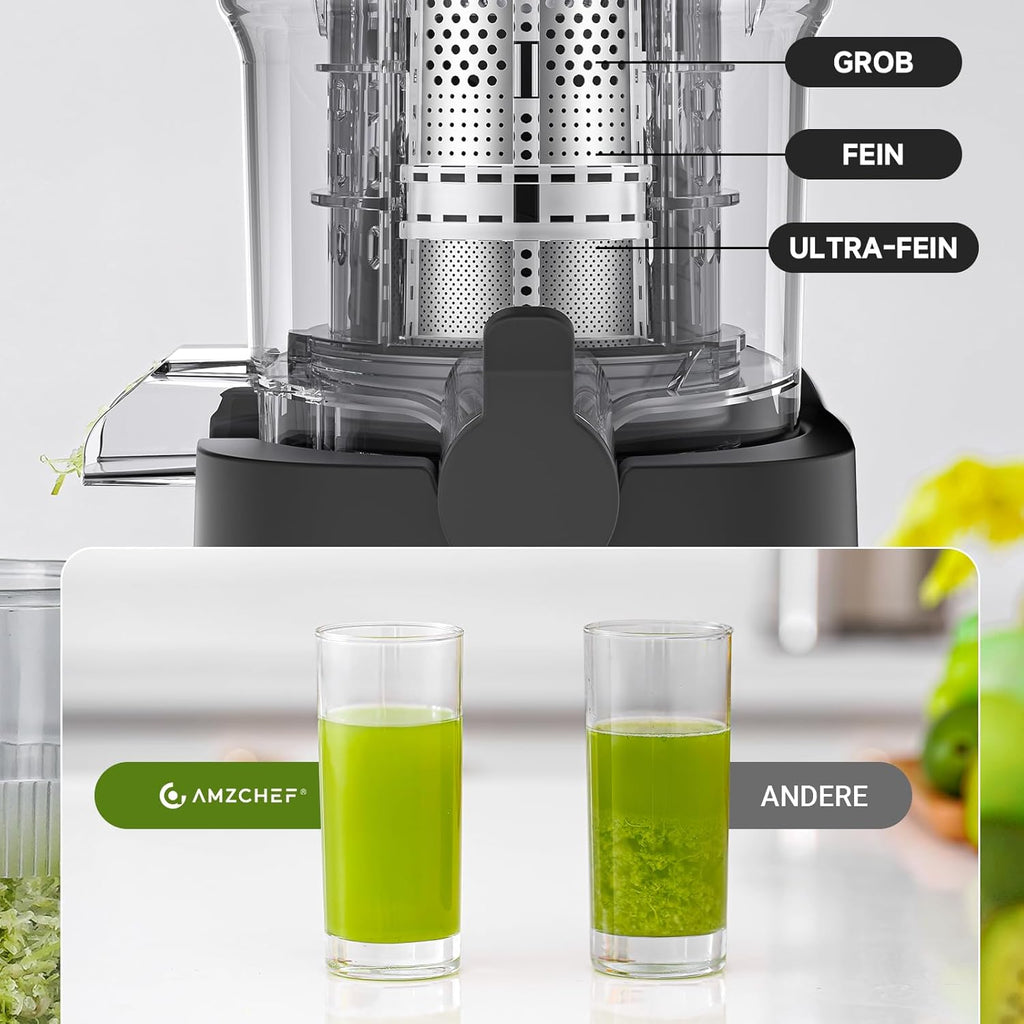 AMZCHEF Entsafter Slow Juicer 136 mm – Saftpresse Elektrisch für Gemüse & Obst – Cold Press Juicer mit 2 Filtern – Leise & Leicht zu Reinigen - Silber