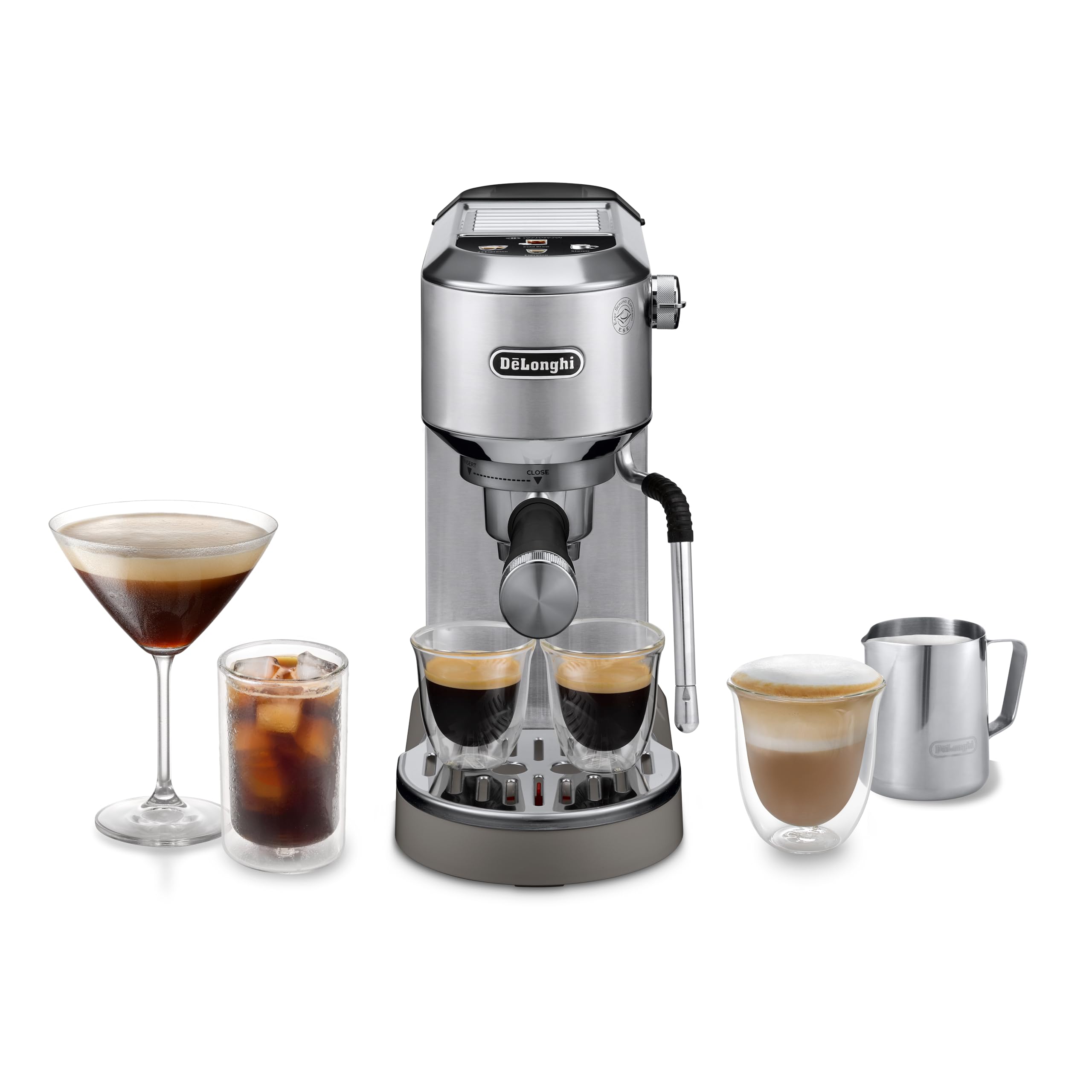 De'Longhi Dedica Style - Perfetto Kompakte Siebträgermaschine Espressomaschine mit Tasten, manuellem Milchaufschäumer für Espresso und Cappuccino, ESE Pad geeignet, 15cm breit, Metall (EC685.M)