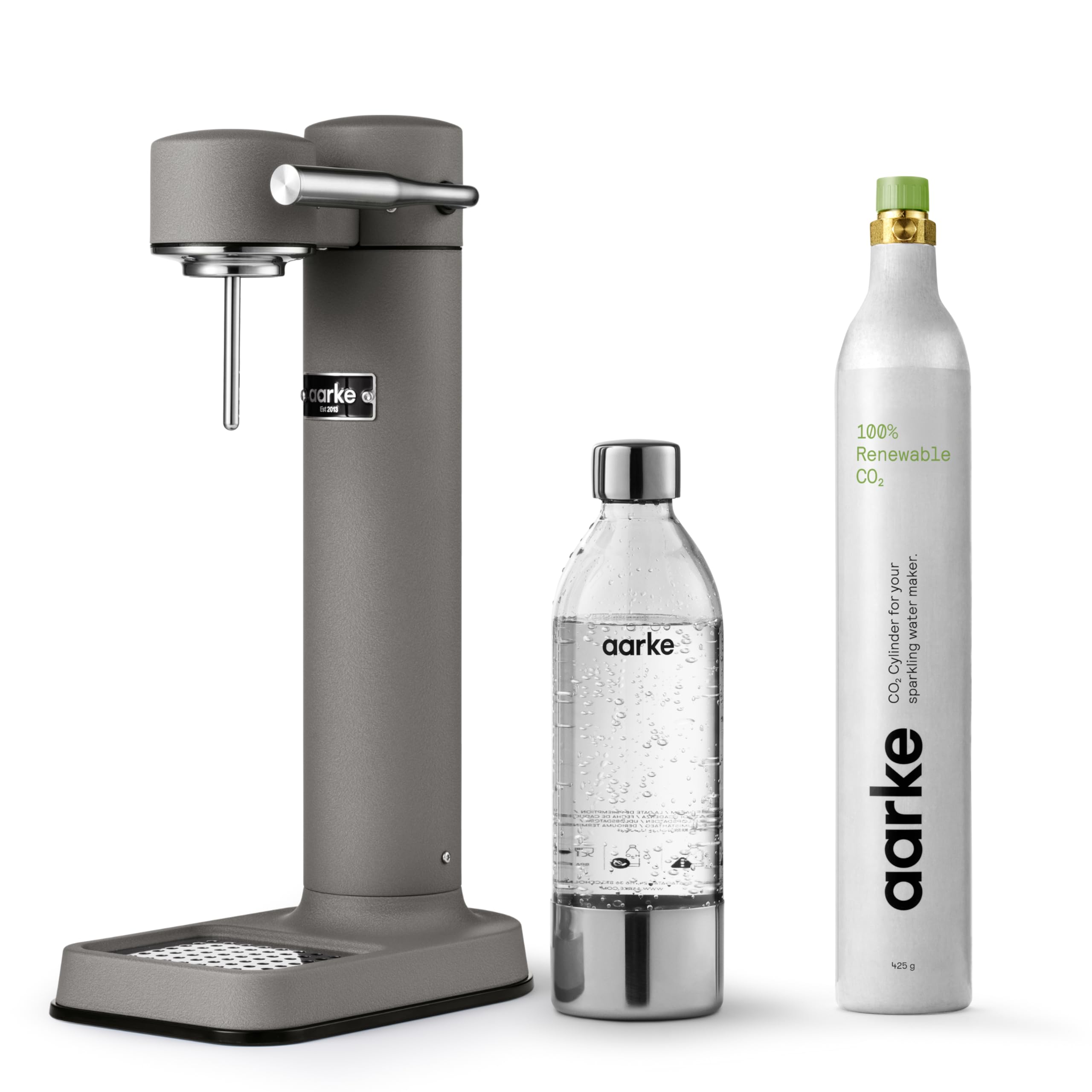 Aarke Carbonator 3, Wassersprudler aus Edelstahl im modernen Edelstahl Finish mit BPA-freier 1L PET-Flasche, Sprudelwasserbereiter für Leitungswasser, kompatibel mit 60L CO2-Zylindern