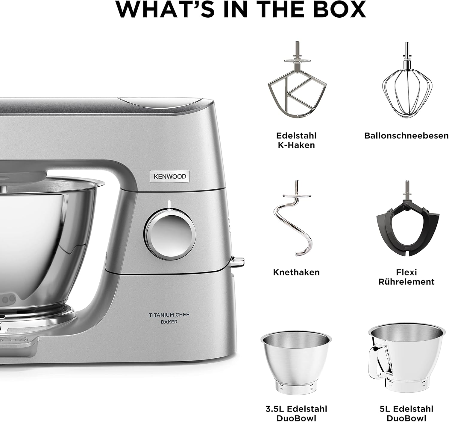 Kenwood Titanium Chef Baker KVC85.004SI Küchenmaschine mit integrierter Waage,inkl. 3-teiligem Patisserie-Set,5 L und 3,5 L ,stufenloser Geschwindigkeitsregler,1200 W,Silber,Stainless Steel