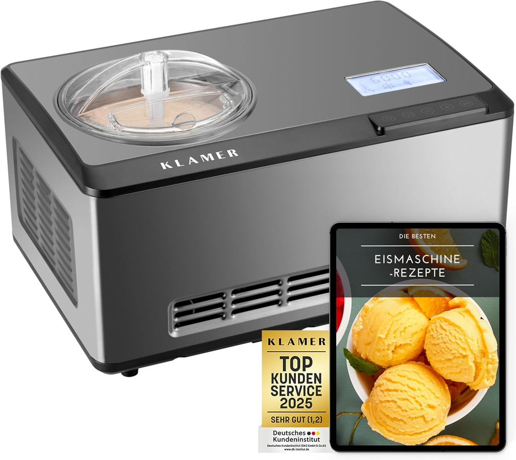 KLAMER 2-in-1 Eismaschine & Joghurtbereiter 2 L, 180 W Eiscrememaschine aus Edelstahl mit Kühl- und Heizfunktion, hausgemachtes Speiseeis mit selbstkühlendem Kompressor, mit digitalem Rezeptbuch