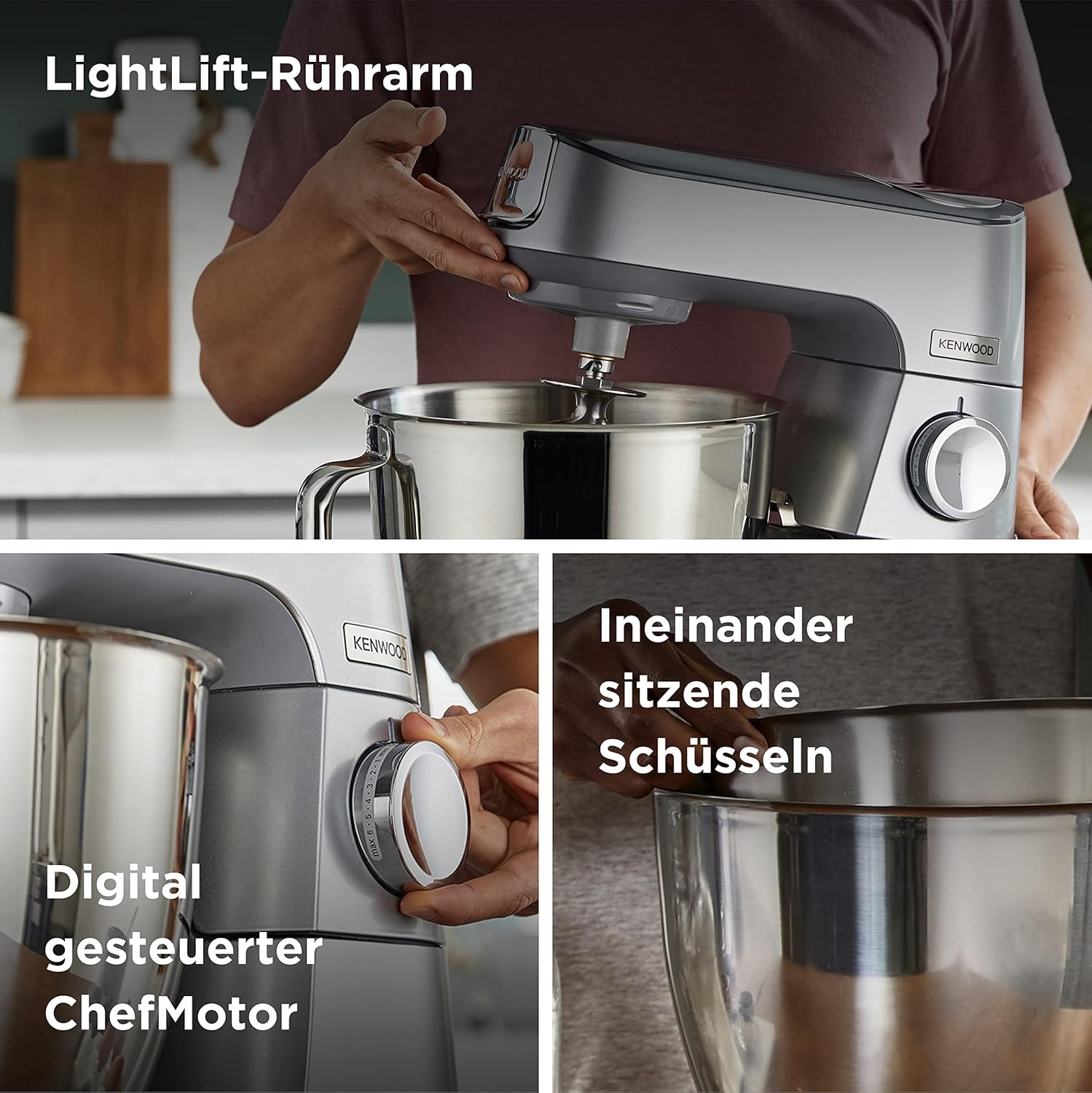 Kenwood Titanium Chef Baker KVC85.004SI Küchenmaschine mit integrierter Waage,inkl. 3-teiligem Patisserie-Set,5 L und 3,5 L ,stufenloser Geschwindigkeitsregler,1200 W,Silber,Stainless Steel
