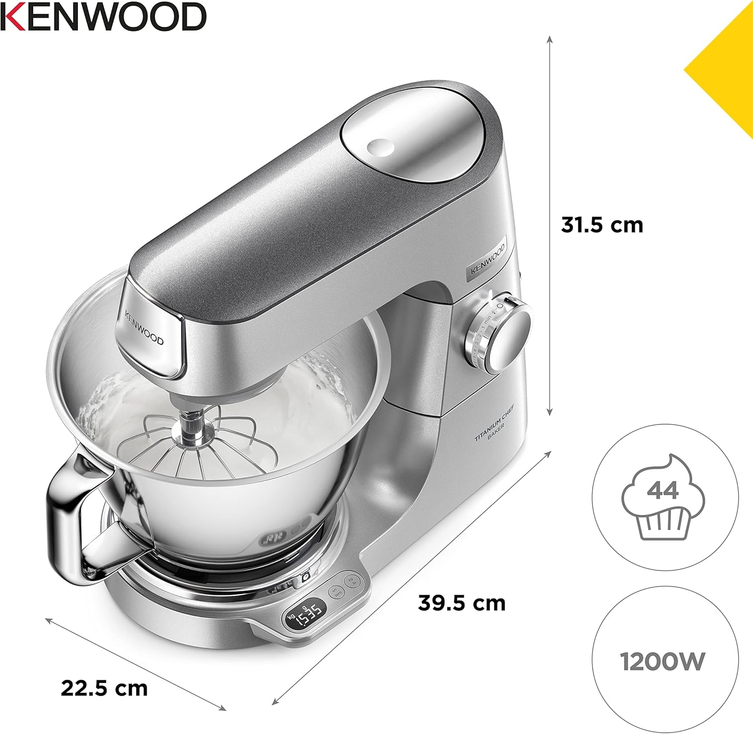 Kenwood Titanium Chef Baker KVC85.004SI Küchenmaschine mit integrierter Waage,inkl. 3-teiligem Patisserie-Set,5 L und 3,5 L ,stufenloser Geschwindigkeitsregler,1200 W,Silber,Stainless Steel