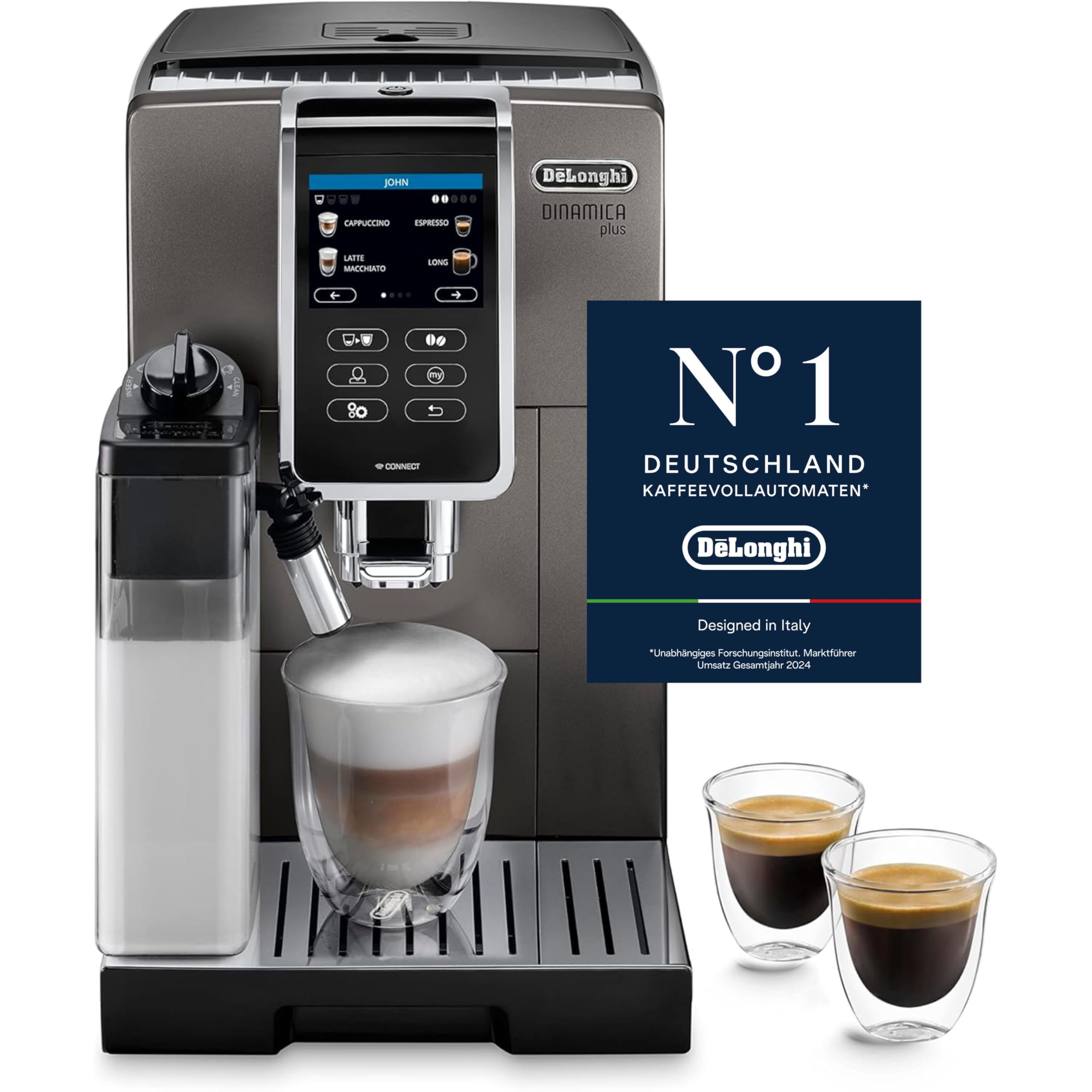 De'Longhi Dinamica Plus ECAM380.95.TB, Kaffeevollautomat mit LatteCrema Milchsystem, One-Touch-Cappuccino, mit 24 Rezepten, 3,5-Zoll TFT-Farbdisplay, 1450W, Titan/Schwarz