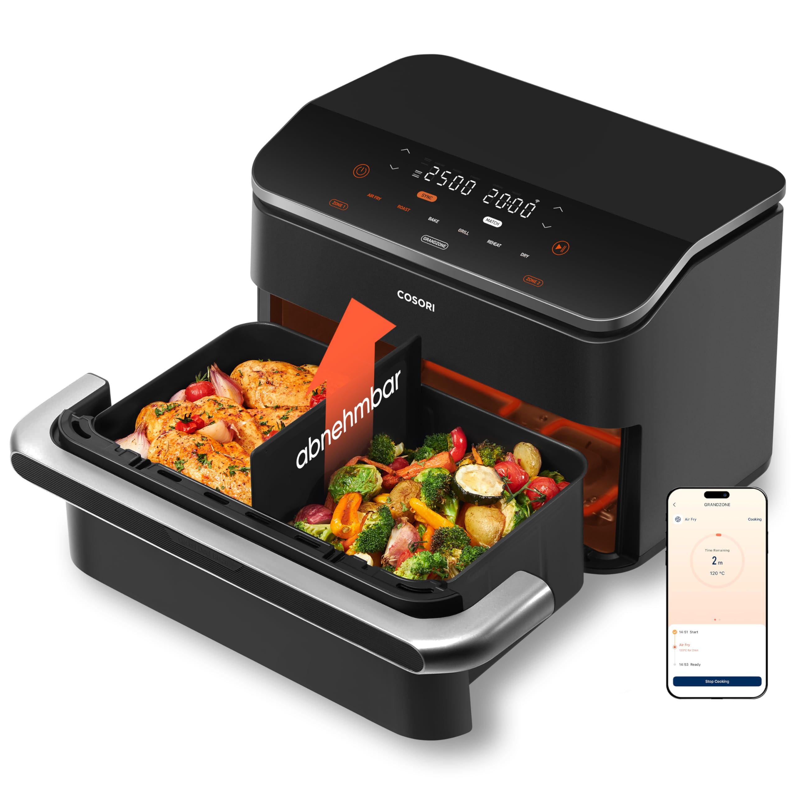 COSORI Airfryer, Heißluftfritteuse 2 Kammern, 10,8 L Heissluftfritteuse, Innovative Mehrfach-Luftgeschwindigkeit, Spart 41 Prozent Platz, Inklusive Rezeptbuch und Edelstahl-Rost, Silbergrau
