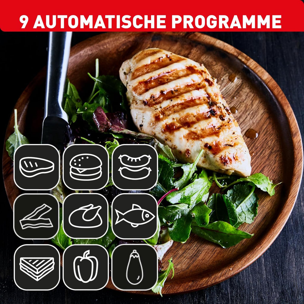 Tefal OptiGrill+ XL Kontaktgrill, 9 Programme, manueller Modus, 200 W, Garstufenanzeige, Dickemessung, Abnehmbare XL-Platten, Elektrogrill, Edelstahl, GC722D16