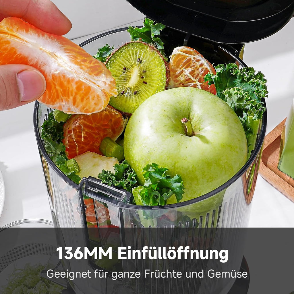 AMZCHEF Entsafter Slow Juicer 136 mm – Saftpresse Elektrisch für Gemüse & Obst – Cold Press Juicer mit 2 Filtern – Leise & Leicht zu Reinigen - Silber