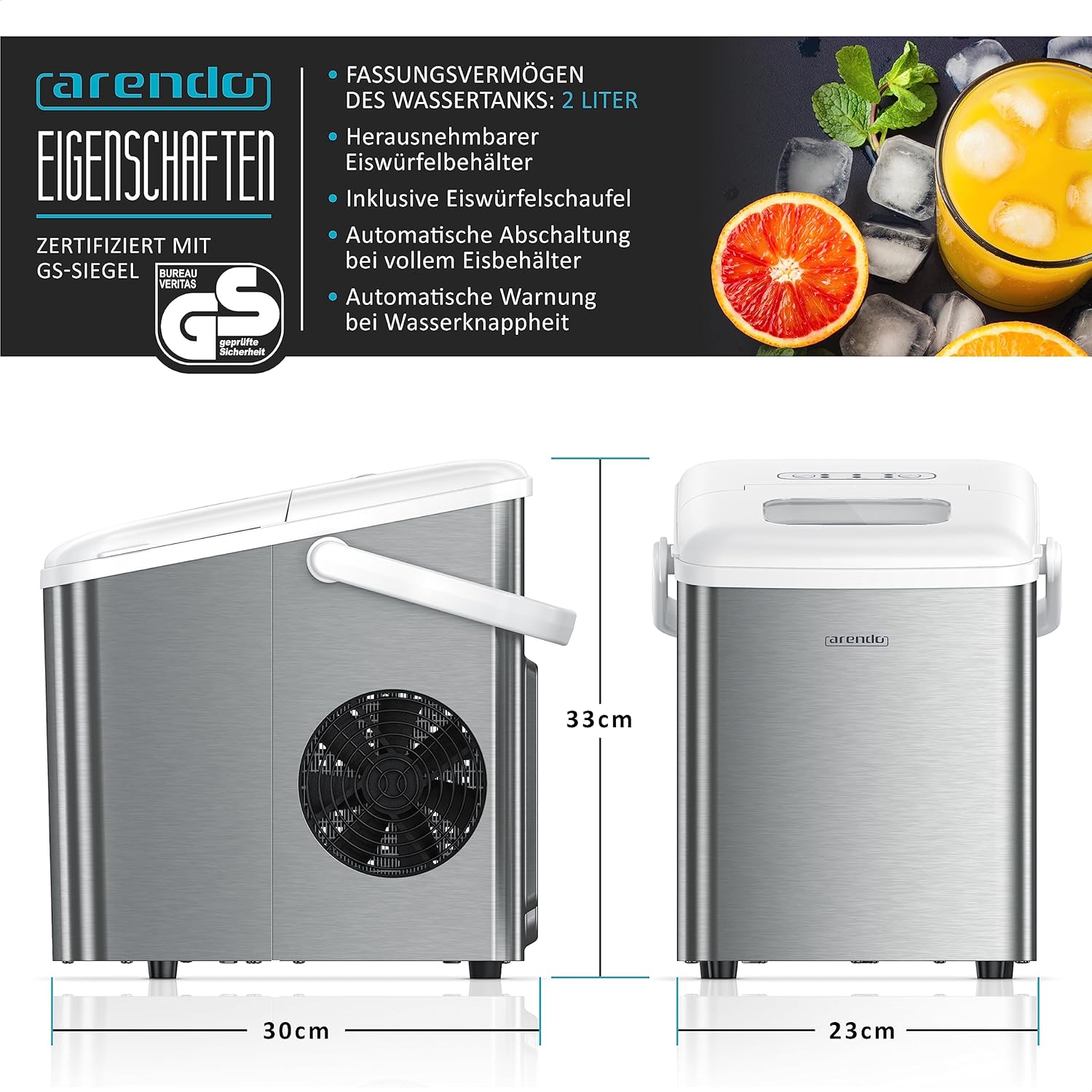 Arendo - Eiswürfelmaschine Edelstahl - Eiswürfelbereiter Edelstahl - Ice Cube Maker Maschine - Eiswürfelautomat - mit Kühlung - Eiswürfel Größen Klein, Groß - ABS - BPA frei