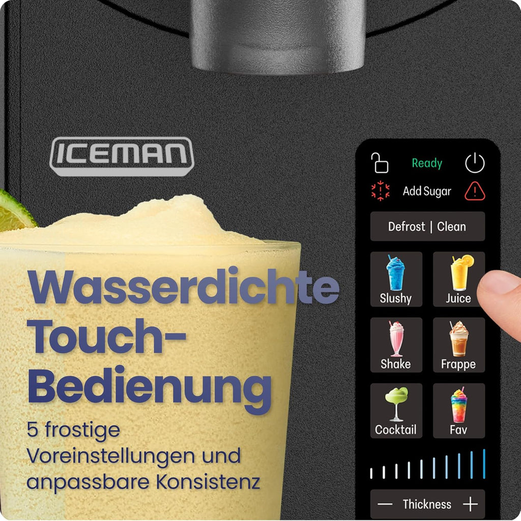 Iceman Slushie-Maschine, 1,9 L Mixer für Getränke und Slushies, kein Eis und kein Mixen für gefrorene Margaritas, Frappes und Shakes, 5 Touchscreen-Voreinstellungen, einfacher Dosierhebel - Schwarz