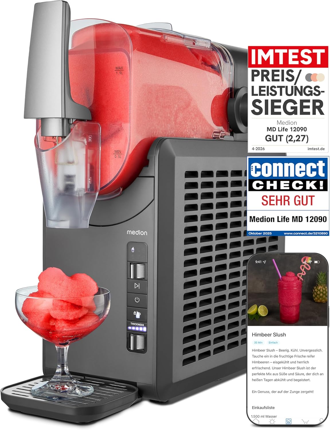 MEDION Slush Maschine (2,6 Liter Slush-Eis Kapazität, 1,9 Liter Fassungsvermögen, Slush Ice Maker für Getränke, 5 Getränkemodi, 30-60 Minuten Zubereitungszeit, Kompressor, Slush Eis Maschine, MD12090)