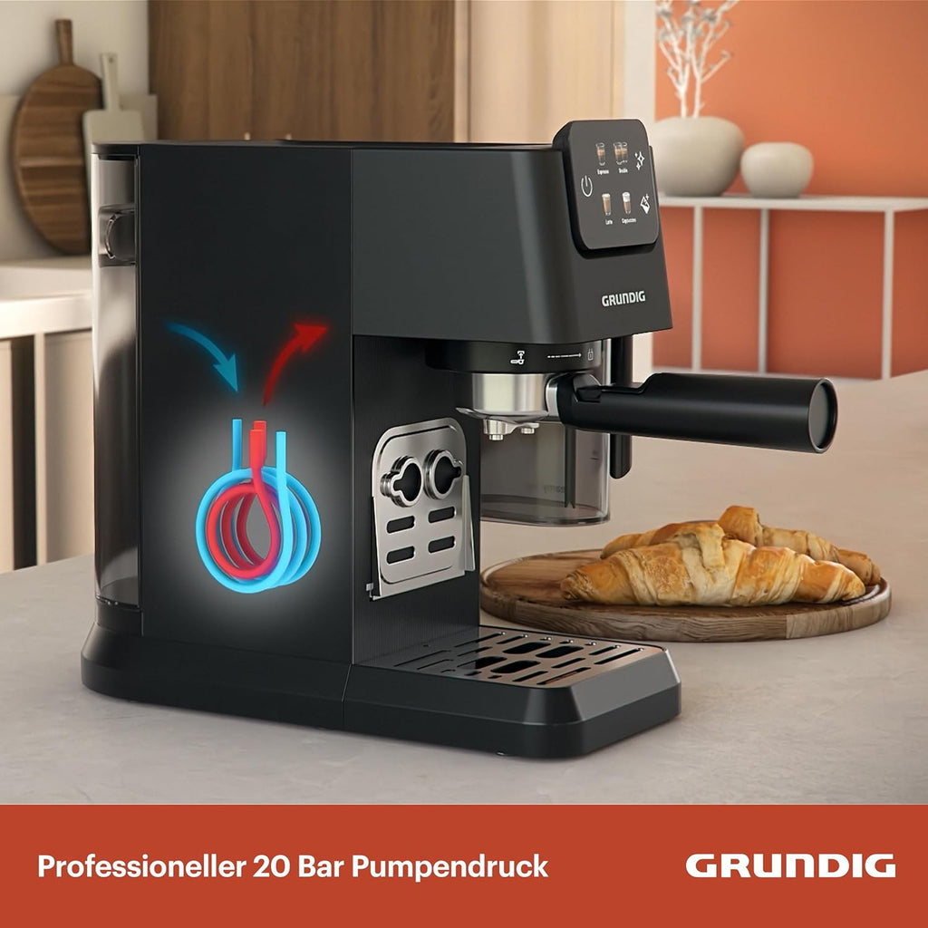 Grundig KSM 6430 Siebträgermaschine mit integriertem Milchbehälter, 1628 W Leistung, 20 bar Pumpendruck, Zweifachdüse, farbiges Touch-Display, BrewSense, CreamyPro, Dark Inox/Schwarz
