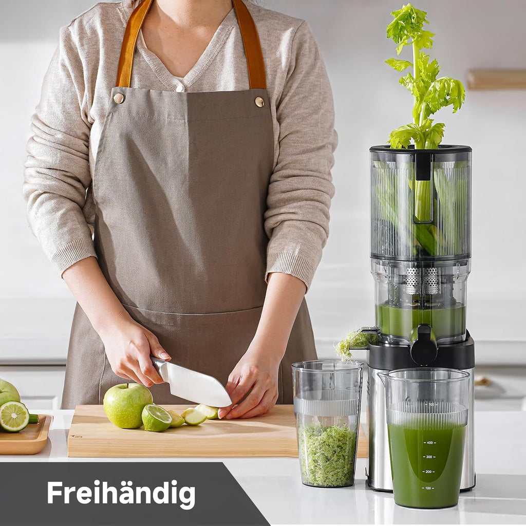 AMZCHEF Entsafter Slow Juicer 136 mm – Saftpresse Elektrisch für Gemüse & Obst – Cold Press Juicer mit 2 Filtern – Leise & Leicht zu Reinigen - Silber