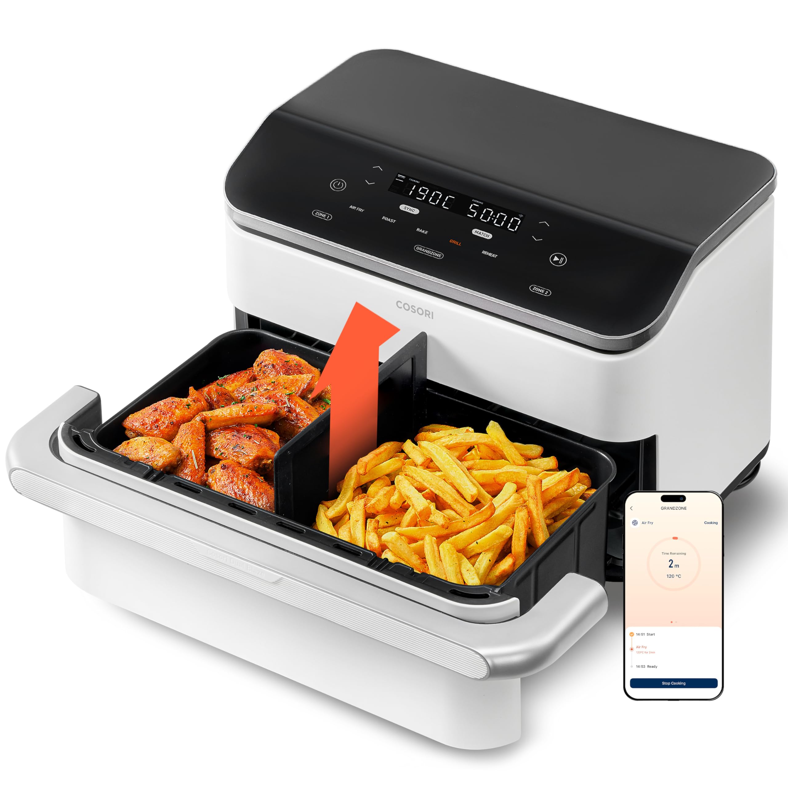 COSORI Airfryer, Heißluftfritteuse 2 Kammern, 10,8 L Heissluftfritteuse, Innovative Mehrfach-Luftgeschwindigkeit, Spart 41 Prozent Platz, Inklusive Rezeptbuch und Edelstahl-Rost, Silbergrau
