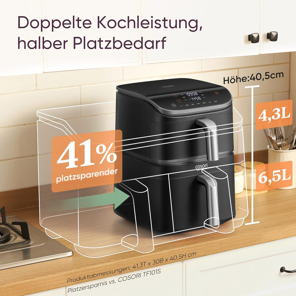 COSORI Airfryer | Turbo Tower Pro | DualBlaze-Technologie | Keramikbeschichtung Ohne PFAS | 2630W | 10,8L | Automatische Luftstrom-Regulierung | Silbergrau | DC112