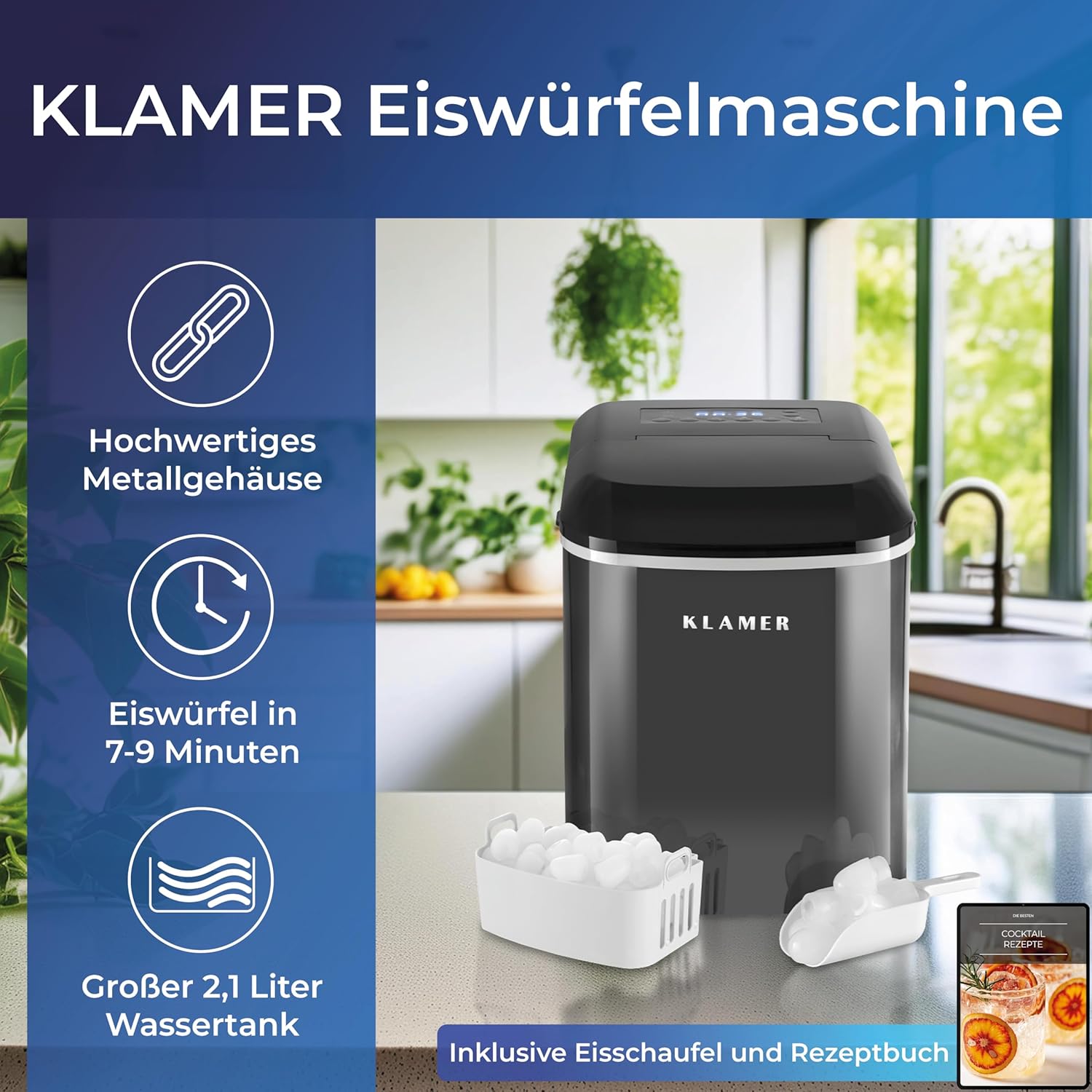 KLAMER Eiswürfelmaschine klein mit Eisschaufel & 2 Eiswürfelgrößen - 10 Eiswürfel in nur 7 Min, 15 kg Eiswürfel pro Tag - leiser Ice Maker mit Timer (schwarz)