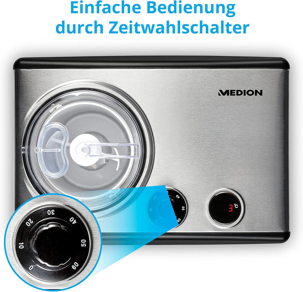MEDION Eismaschine mit Kompressor (selbstkühlend, geeignet für die Zubereitung von Eiscreme, Frozen Yoghurt & Sorbet, 1,5 Liter, 150 Watt, MD 18387)