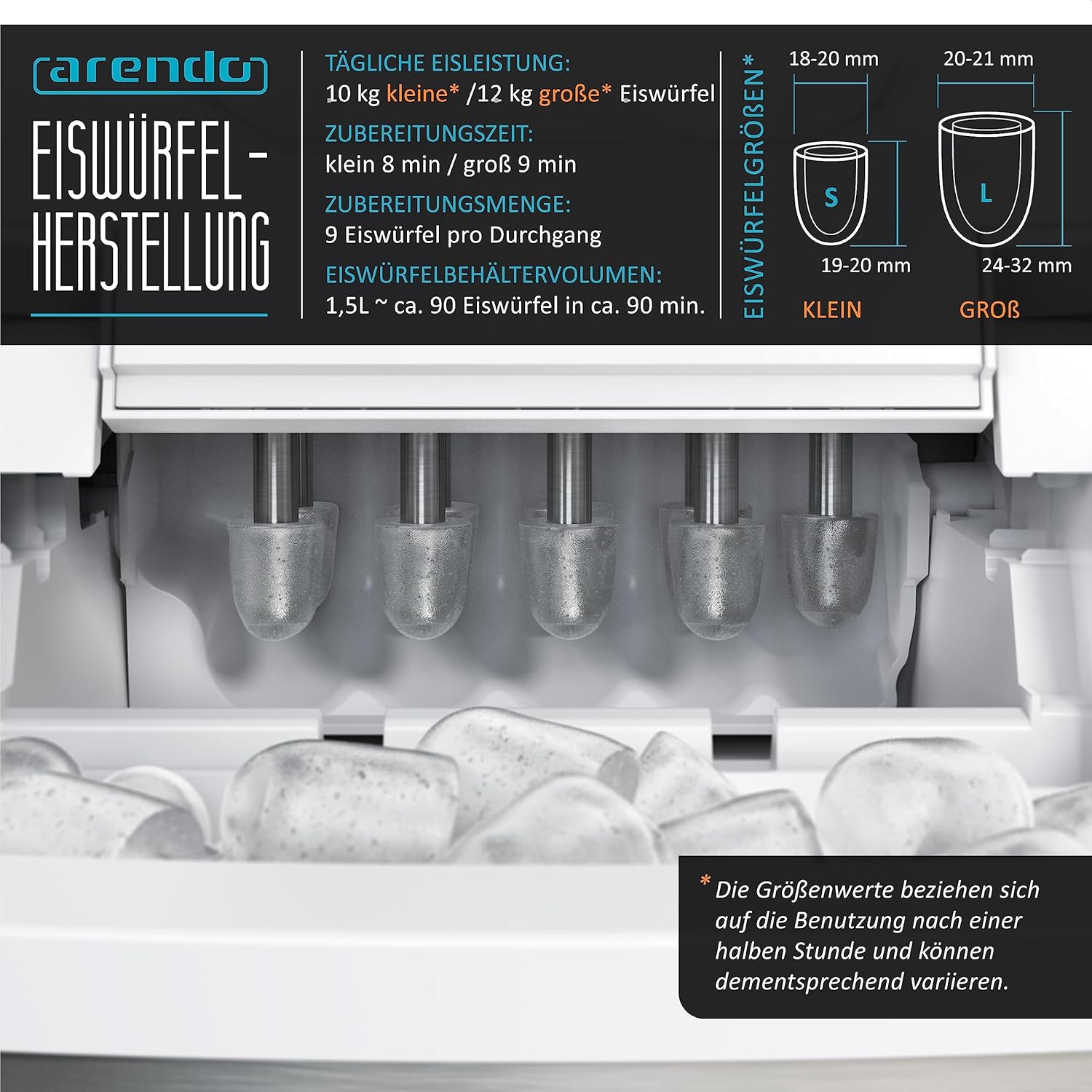 Arendo - Eiswürfelmaschine Edelstahl - Eiswürfelbereiter Edelstahl - Ice Cube Maker Maschine - Eiswürfelautomat - mit Kühlung - Eiswürfel Größen Klein, Groß - ABS - BPA frei