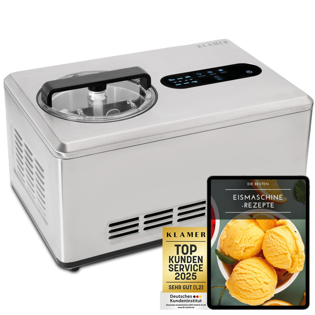 KLAMER 2-in-1 Eismaschine & Joghurtbereiter 2 L, 180 W Eiscrememaschine aus Edelstahl mit Kühl- und Heizfunktion, hausgemachtes Speiseeis mit selbstkühlendem Kompressor, mit digitalem Rezeptbuch