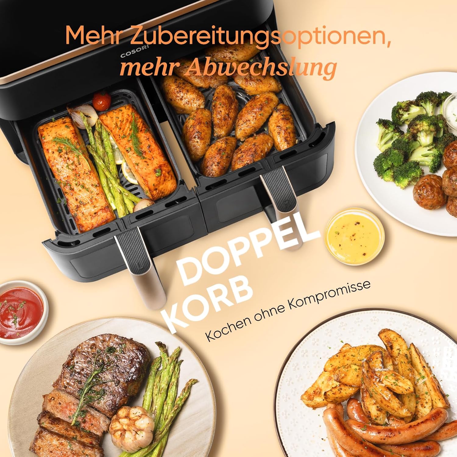 Cosori Airfryer | Testsieger der Stiftung Warentest | 8,5L Heißluftfritteuse 2 Kammern | Heissluftfritteuse mit Sichtfenster | NTC-Tech für präzise Temperaturkontrolle | Gold | R903