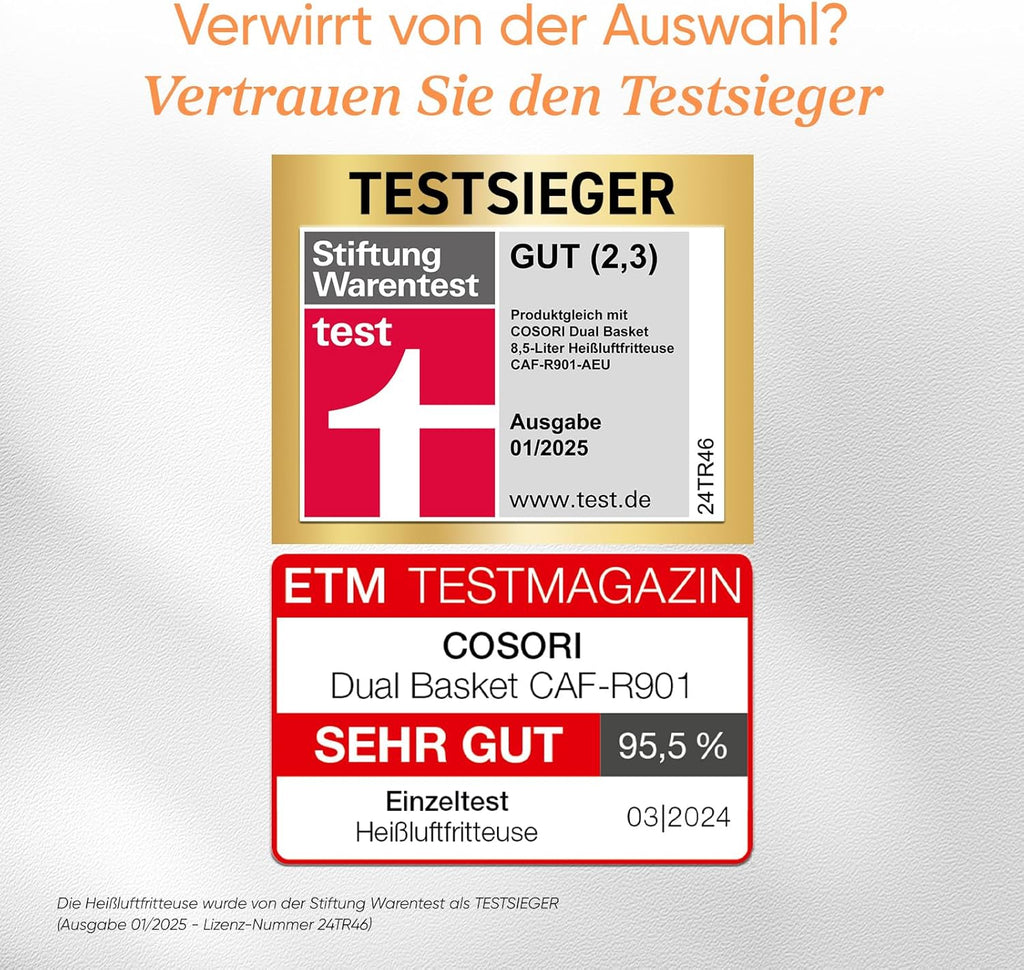 Cosori Airfryer | Testsieger der Stiftung Warentest | 8,5L Heißluftfritteuse 2 Kammern | Heissluftfritteuse mit Sichtfenster | NTC-Tech für präzise Temperaturkontrolle | Gold | R903
