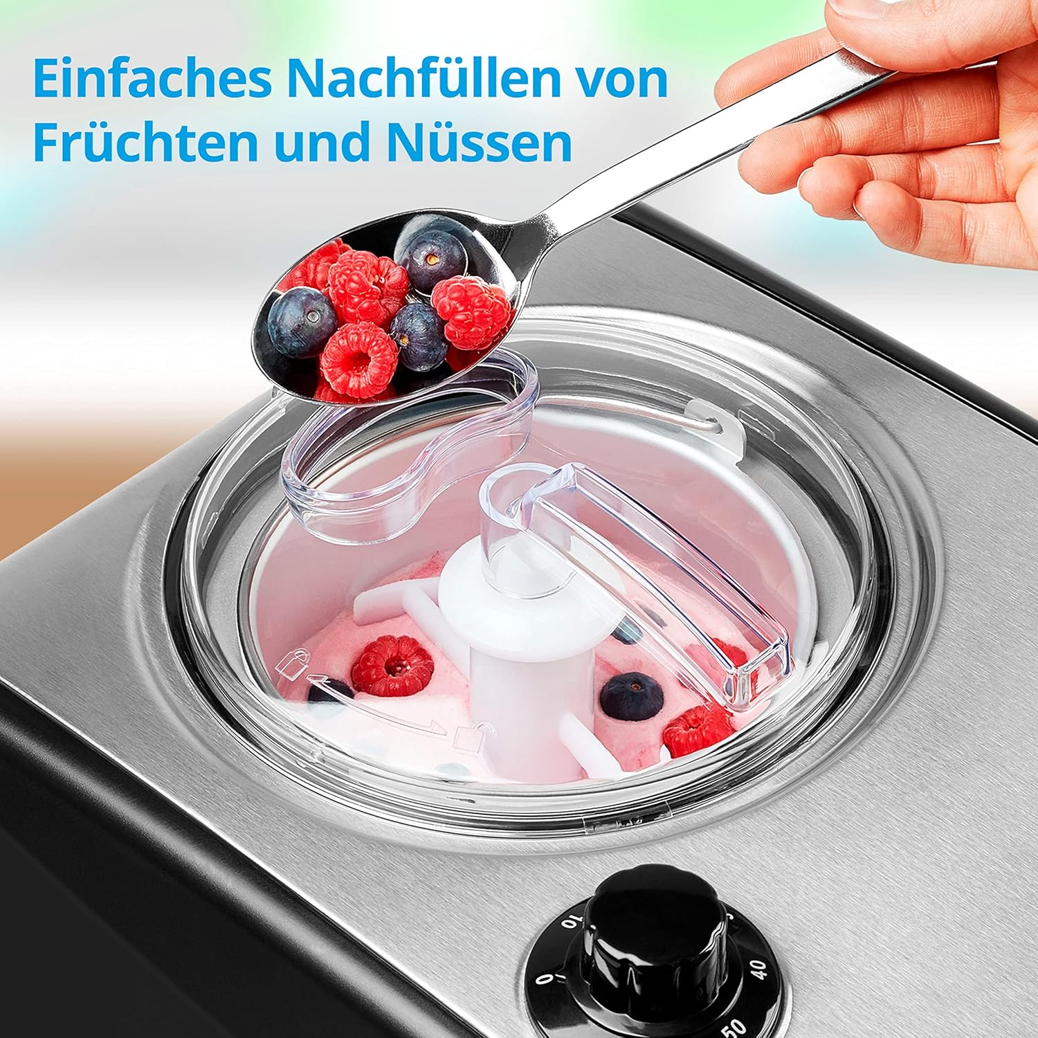MEDION Eismaschine mit Kompressor (selbstkühlend, geeignet für die Zubereitung von Eiscreme, Frozen Yoghurt & Sorbet, 1,5 Liter, 150 Watt, MD 18387)