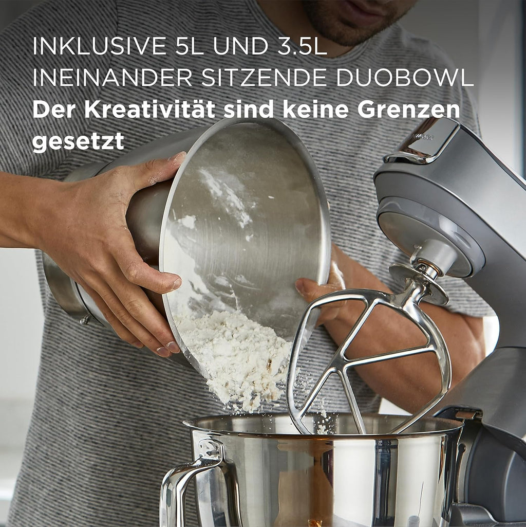 Kenwood Titanium Chef Baker KVC85.004SI Küchenmaschine mit integrierter Waage,inkl. 3-teiligem Patisserie-Set,5 L und 3,5 L ,stufenloser Geschwindigkeitsregler,1200 W,Silber,Stainless Steel